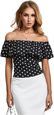 WDIRARA Women's Stretchy Off Shoulder Flounce Sleeve Sexy Slim Blouse Tops Shirt in Saudi Arabia