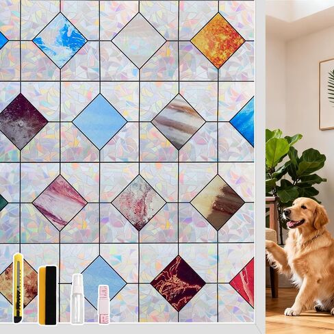 فيلم الخصوصية للنافذة من LEMON CLOUD، ملصقات ثابتة مزخرفة من الزجاج الملون، غطاء فينيل قابل للإزالة، غشاء نافذة هندسي ملون بألوان قوس قزح مع أدوات لديكور أبواب المنزل (سهل التركيب، 17.5 بوصة × 78.7 بوصة) in Kuwait