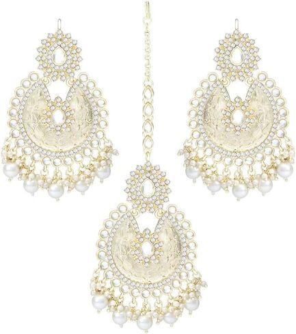 Aheli Gold Plated Kundan Pearl Studded Earring Maang Tikka Set Traditional Jewelry Gift for Women in Saudi Arabia