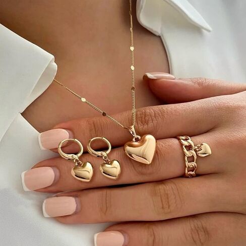 GIGB PBDK 14K Gold Heart Jewelry Set for Women Heart Pendant Necklace Hoop Earrings Statement Ring Love Necklace Earrings Ring Set Trendy Birthday Jewelry Gifts in Saudi Arabia
