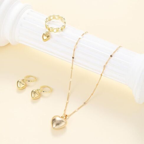 GIGB PBDK 14K Gold Heart Jewelry Set for Women Heart Pendant Necklace Hoop Earrings Statement Ring Love Necklace Earrings Ring Set Trendy Birthday Jewelry Gifts in Saudi Arabia