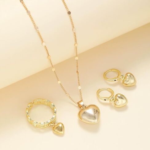 GIGB PBDK 14K Gold Heart Jewelry Set for Women Heart Pendant Necklace Hoop Earrings Statement Ring Love Necklace Earrings Ring Set Trendy Birthday Jewelry Gifts in Saudi Arabia