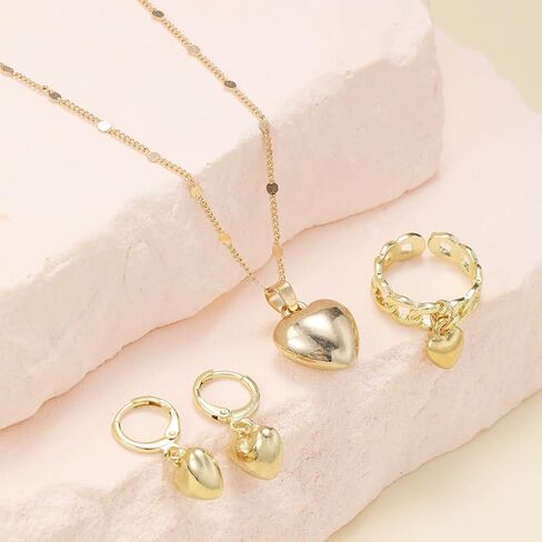 GIGB PBDK 14K Gold Heart Jewelry Set for Women Heart Pendant Necklace Hoop Earrings Statement Ring Love Necklace Earrings Ring Set Trendy Birthday Jewelry Gifts in Saudi Arabia