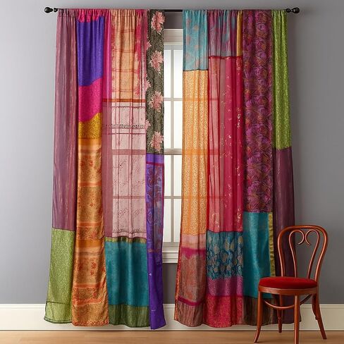 LimraCreation® 1 Pair of Indian Vintage Silk Blend Sari Multi Color (Assorted Color) Handmade Patchwork Curtains Drapes Home Decor Curtain/Panels in Saudi Arabia
