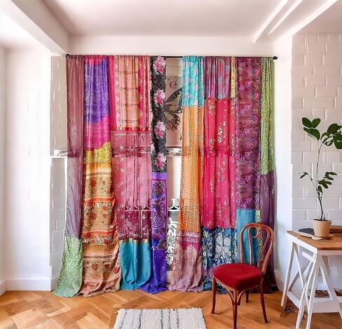 LimraCreation® 1 Pair of Indian Vintage Silk Blend Sari Multi Color (Assorted Color) Handmade Patchwork Curtains Drapes Home Decor Curtain/Panels in Saudi Arabia