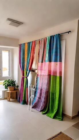 LimraCreation® 1 Pair of Indian Vintage Silk Blend Sari Multi Color (Assorted Color) Handmade Patchwork Curtains Drapes Home Decor Curtain/Panels in Saudi Arabia