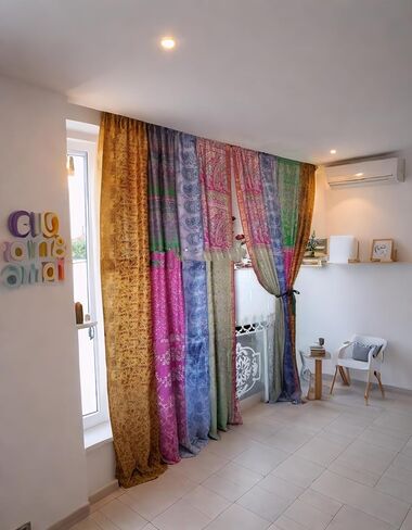 LimraCreation® 1 Pair of Indian Vintage Silk Blend Sari Multi Color (Assorted Color) Handmade Patchwork Curtains Drapes Home Decor Curtain/Panels in Saudi Arabia