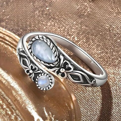 Bohemia Synthetic Moonstone Carving Flower Open Adjustable Rings for Women Daily Party Vintage Jewelry for Friends in Saudi Arabia