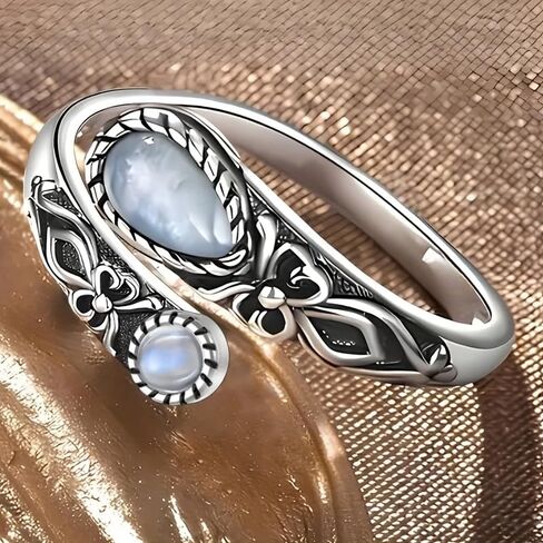 Bohemia Synthetic Moonstone Carving Flower Open Adjustable Rings for Women Daily Party Vintage Jewelry for Friends in Saudi Arabia