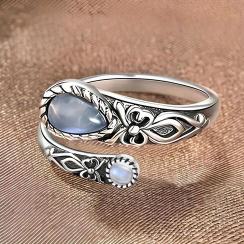 Bohemia Synthetic Moonstone Carving Flower Open Adjustable Rings for Women Daily Party Vintage Jewelry for Friends in Saudi Arabia