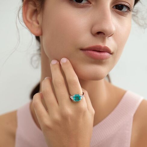 Michooyel 3.75ct Paraiba خاتم الخطوبة للنساء Asscher قطع ثلاثة حجر مكعب زركونيا بيان خاتم 925 فضة غرامة مجوهرات in Saudi Arabia