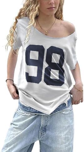 Women's Oversized Jersey Off Shoulder Shirt Crewneck Number Graphic T Shirt Y2k E-Girl Summer Going Out Tops in Saudi Arabia