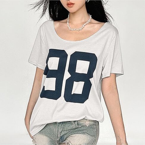 Women's Oversized Jersey Off Shoulder Shirt Crewneck Number Graphic T Shirt Y2k E-Girl Summer Going Out Tops in Saudi Arabia