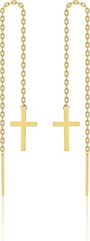 Sterling Silver Earrings Cross Threader for Women | Minimalist Chain Earrings Double Piercings | Dangle Earrings (Gold-plated sterling silver) in Saudi Arabia