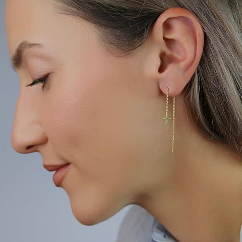 Sterling Silver Earrings Cross Threader for Women | Minimalist Chain Earrings Double Piercings | Dangle Earrings (Gold-plated sterling silver) in Saudi Arabia