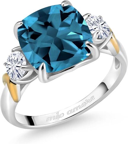 Gem Stone King Customized Personalized Engraved 3-Stone Ring For Women | 925 Sterling Silver and 10K Yellow Gold | 10MM Cushion Cut and 4MM Round Gemstone Birthstone | Available In Size 5, 6, 7, 8, 9 in Saudi Arabia