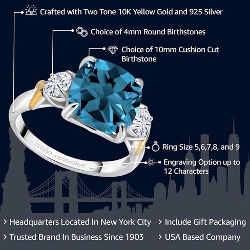 Gem Stone King Customized Personalized Engraved 3-Stone Ring For Women | 925 Sterling Silver and 10K Yellow Gold | 10MM Cushion Cut and 4MM Round Gemstone Birthstone | Available In Size 5, 6, 7, 8, 9 in Saudi Arabia