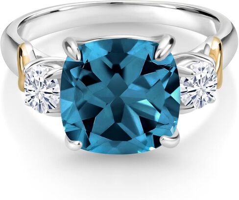 Gem Stone King Customized Personalized Engraved 3-Stone Ring For Women | 925 Sterling Silver and 10K Yellow Gold | 10MM Cushion Cut and 4MM Round Gemstone Birthstone | Available In Size 5, 6, 7, 8, 9 in Saudi Arabia