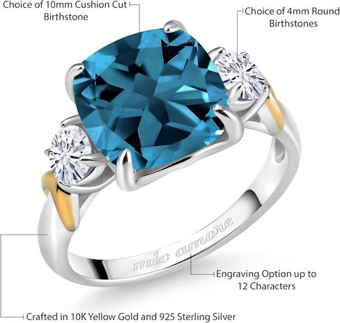 Gem Stone King Customized Personalized Engraved 3-Stone Ring For Women | 925 Sterling Silver and 10K Yellow Gold | 10MM Cushion Cut and 4MM Round Gemstone Birthstone | Available In Size 5, 6, 7, 8, 9 in Saudi Arabia