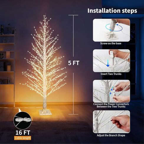5FT Lighted Birch Tree with 945 LED Lights, Twinkle Lights White Xmas Tree with Timer IP44 Waterproof for Indoor Outdoor Festival Wedding Party Christmas Decorations in Saudi Arabia