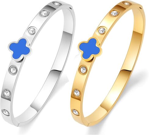 2 Pcs Gold/Silver Four Leaf Clover Bracelet for Women Love Bangle Cubic Zirconia Stainless Steel Dainty Bracelet 14k Gold Plated Oval Bangle Stack for Women Gift in Saudi Arabia