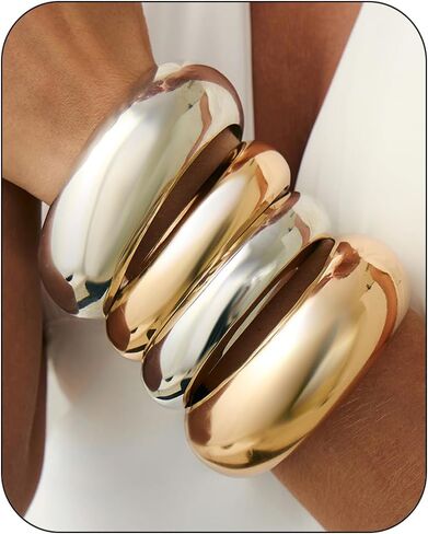 ZMJK Gold Chunky Bangle Bracelets for Women Exaggerate Thick Wide Stackable Bracelet Set Trendy Shiny Silver Wrist Cuff Statement Big Bangle Minimalist Jewelry Accessories in Saudi Arabia