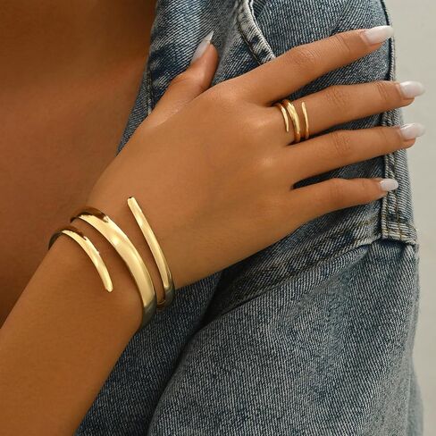 14K Gold Plated Chunky Bangle Bracelets for Women, Open Adjustable Wide Stackable Waterdrop Bracelet and Ring Jewelry Gift in Saudi Arabia
