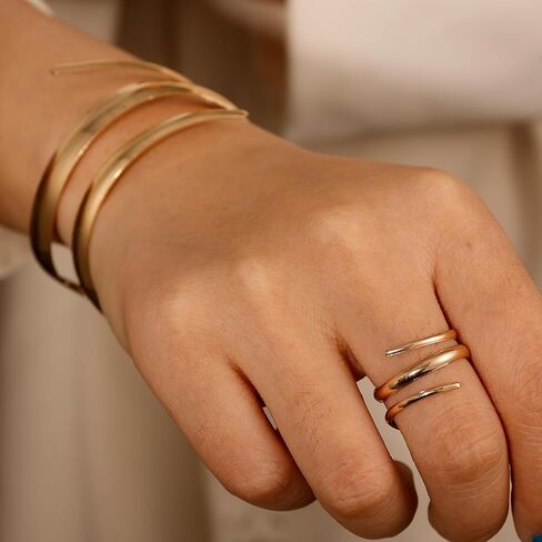 14K Gold Plated Chunky Bangle Bracelets for Women, Open Adjustable Wide Stackable Waterdrop Bracelet and Ring Jewelry Gift in Saudi Arabia