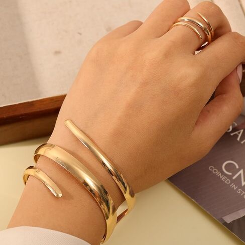 14K Gold Plated Chunky Bangle Bracelets for Women, Open Adjustable Wide Stackable Waterdrop Bracelet and Ring Jewelry Gift in Saudi Arabia
