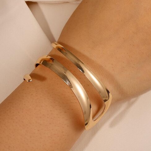 14K Gold Plated Chunky Bangle Bracelets for Women, Open Adjustable Wide Stackable Waterdrop Bracelet and Ring Jewelry Gift in Saudi Arabia