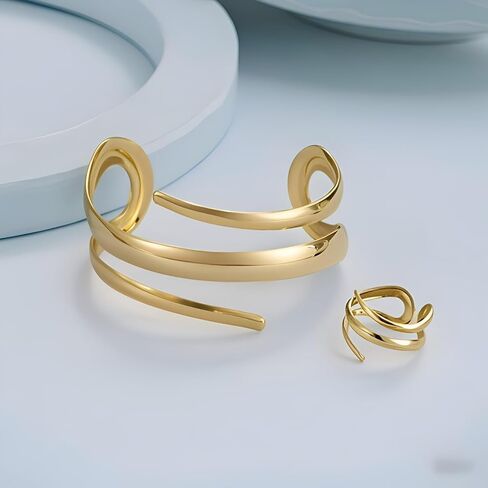 14K Gold Plated Chunky Bangle Bracelets for Women, Open Adjustable Wide Stackable Waterdrop Bracelet and Ring Jewelry Gift in Saudi Arabia