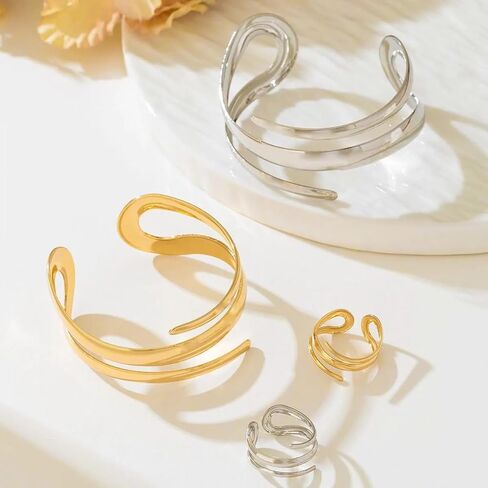 14K Gold Plated Chunky Bangle Bracelets for Women, Open Adjustable Wide Stackable Waterdrop Bracelet and Ring Jewelry Gift in Saudi Arabia