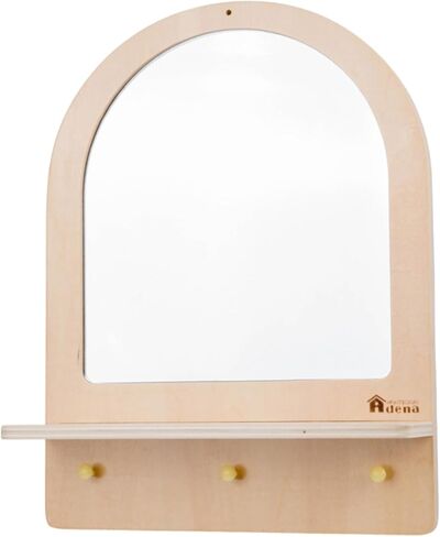 Adena Montessori Toddler Mirror with 3 Hooks, Montessori Furniture Safe Wooden Wall-Mounted Mirror for Self-Care, Storage & Decor in Saudi Arabia