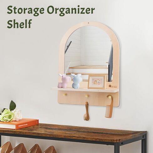 Adena Montessori Toddler Mirror with 3 Hooks, Montessori Furniture Safe Wooden Wall-Mounted Mirror for Self-Care, Storage & Decor in Saudi Arabia