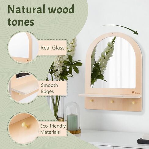 Adena Montessori Toddler Mirror with 3 Hooks, Montessori Furniture Safe Wooden Wall-Mounted Mirror for Self-Care, Storage & Decor in Saudi Arabia