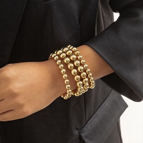 YNZGYBY Gold Stack Beaded Bracelets for Women Vintage High Polished Stretch Small Bead Stackable Bracelet Fashion Elastic Round Balls Chunky Statement Jewelry in Saudi Arabia