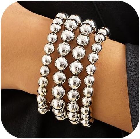 YNZGYBY Gold Stack Beaded Bracelets for Women Vintage High Polished Stretch Small Bead Stackable Bracelet Fashion Elastic Round Balls Chunky Statement Jewelry in Saudi Arabia
