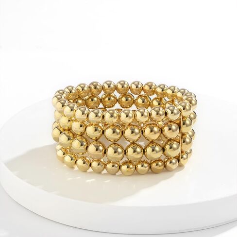 YNZGYBY Gold Stack Beaded Bracelets for Women Vintage High Polished Stretch Small Bead Stackable Bracelet Fashion Elastic Round Balls Chunky Statement Jewelry in Saudi Arabia