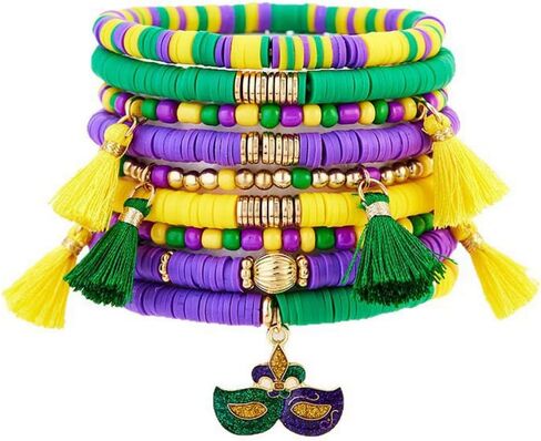 Caiyao Colorful Mardi Gras Theme Bracelets Multilayer Happy Mardi Gras Clay Beaded Stackable Bracelet Yellow Green Purple Heishi Beaded Friendship Stretch Bangles for Women Men Parade Holiday Jewelry in Saudi Arabia