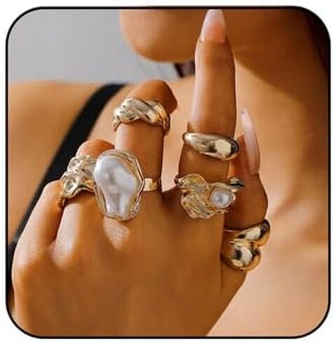 6Pcs Chunky Gold Open Rings Set Statement Irregular Pearl Rings Non Tarnish Stackable Rings Set Gold Plated Knuckle Ring Set Jewelry for Women in Saudi Arabia