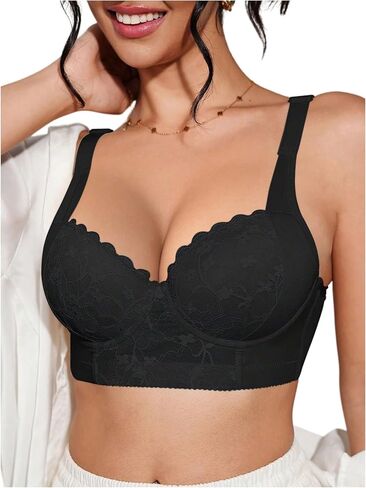 OYOANGLE Women's Floral Lace Underwire Plunge Bra Scallop Trim Bralette Push Up Lingerie Top in Saudi Arabia