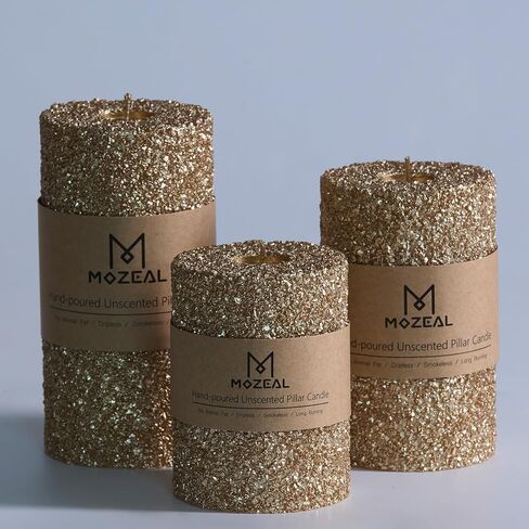 MOZEAL Hand-Poured Granular Texture Decorative Gold Pillar Candles Set of 3 (3"x4", 5", 6"), Approx 300 Hours Burn Time Dripless, Unscented, Smokeless, for Glamorous Events & Christmas Party Decor in Saudi Arabia