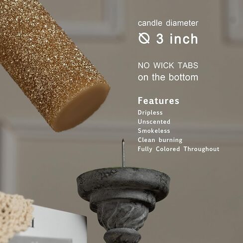 MOZEAL Hand-Poured Granular Texture Decorative Gold Pillar Candles Set of 3 (3"x4", 5", 6"), Approx 300 Hours Burn Time Dripless, Unscented, Smokeless, for Glamorous Events & Christmas Party Decor in Saudi Arabia