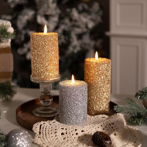 MOZEAL Hand-Poured Granular Texture Decorative Gold Pillar Candles Set of 3 (3"x4", 5", 6"), Approx 300 Hours Burn Time Dripless, Unscented, Smokeless, for Glamorous Events & Christmas Party Decor in Saudi Arabia
