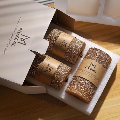 MOZEAL Hand-Poured Granular Texture Decorative Gold Pillar Candles Set of 3 (3"x4", 5", 6"), Approx 300 Hours Burn Time Dripless, Unscented, Smokeless, for Glamorous Events & Christmas Party Decor in Saudi Arabia
