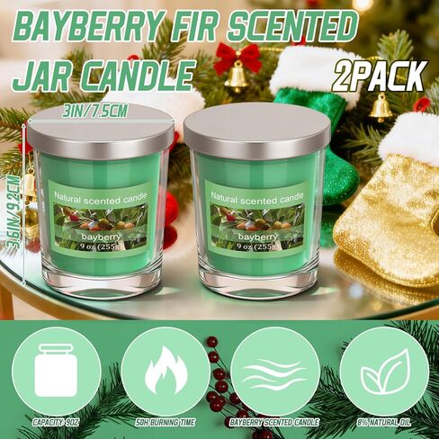 Conelist 2 Pcs 9 oz Bayberry Fir Candle, Christmas Scented Candle Glass Jar Essential Bayberry Oils and Beeswax Blend Green Glass Jar Candles for Christmas Holiday Winter Gifts Collection in Saudi Arabia