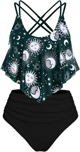 Rosegal Women Plus Size Gothic Tankini Swimsuit Celestial Sun Moon Print Crisscross Flounce Two Piece Bathing Suit in Saudi Arabia