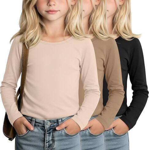 LessonZoo 3 Pack Girls' Long Sleeve Shirts Kids Soft Crew Neck T-Shirts Toddler Basic Loose Fit Layering Casual Tops 2T-14Y in Saudi Arabia