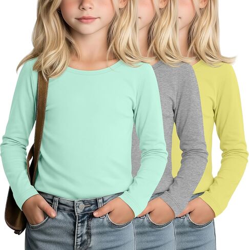 LessonZoo 3 Pack Girls' Long Sleeve Shirts Kids Soft Crew Neck T-Shirts Toddler Basic Loose Fit Layering Casual Tops 2T-14Y in Saudi Arabia