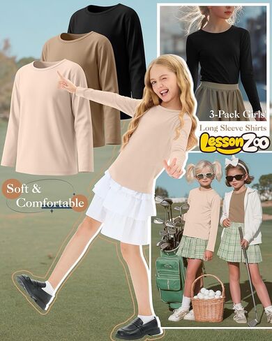LessonZoo 3 Pack Girls' Long Sleeve Shirts Kids Soft Crew Neck T-Shirts Toddler Basic Loose Fit Layering Casual Tops 2T-14Y in Saudi Arabia
